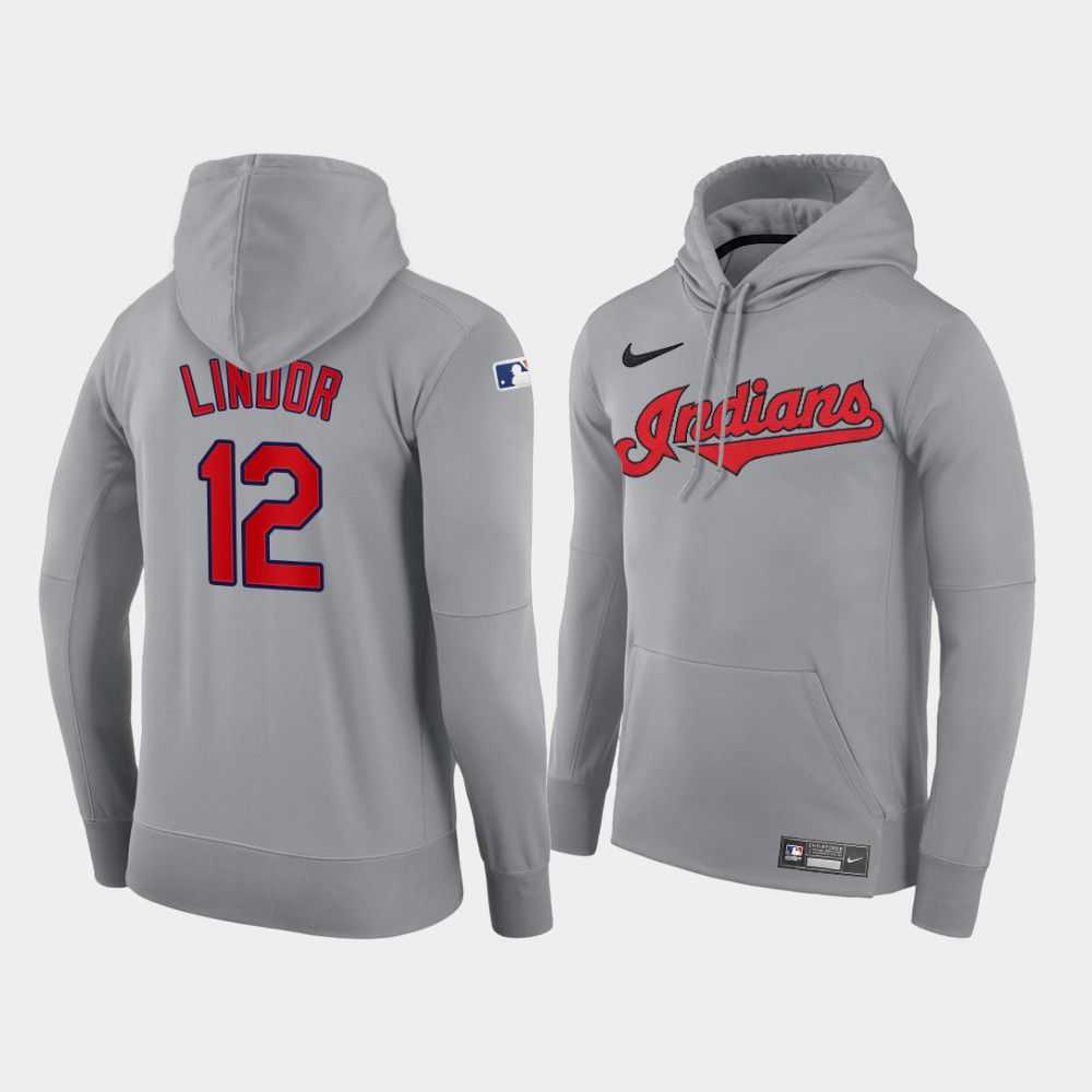 Men Cleveland Indians 12 Lindor gray road hoodie 2021 MLB Nike Jerseys